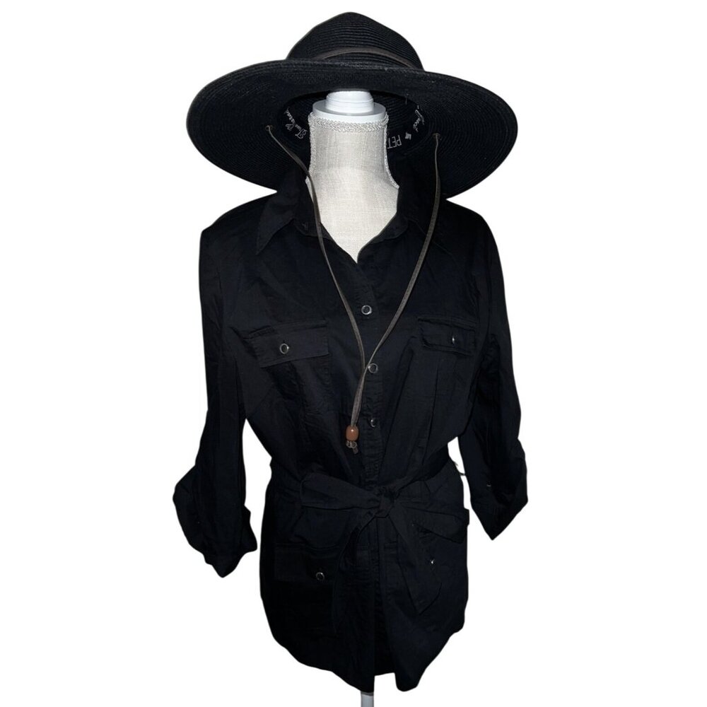 Chaus Womens Black Button-Up Shirt Jacket/Belted Waist & Roll-Up Sleeves M